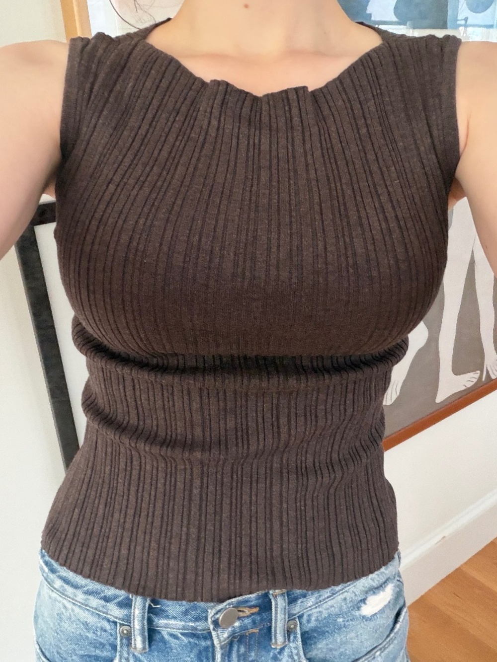 Quince Cotton Cashmere Ribbed Tank Mocha Heather Brown XS EUC